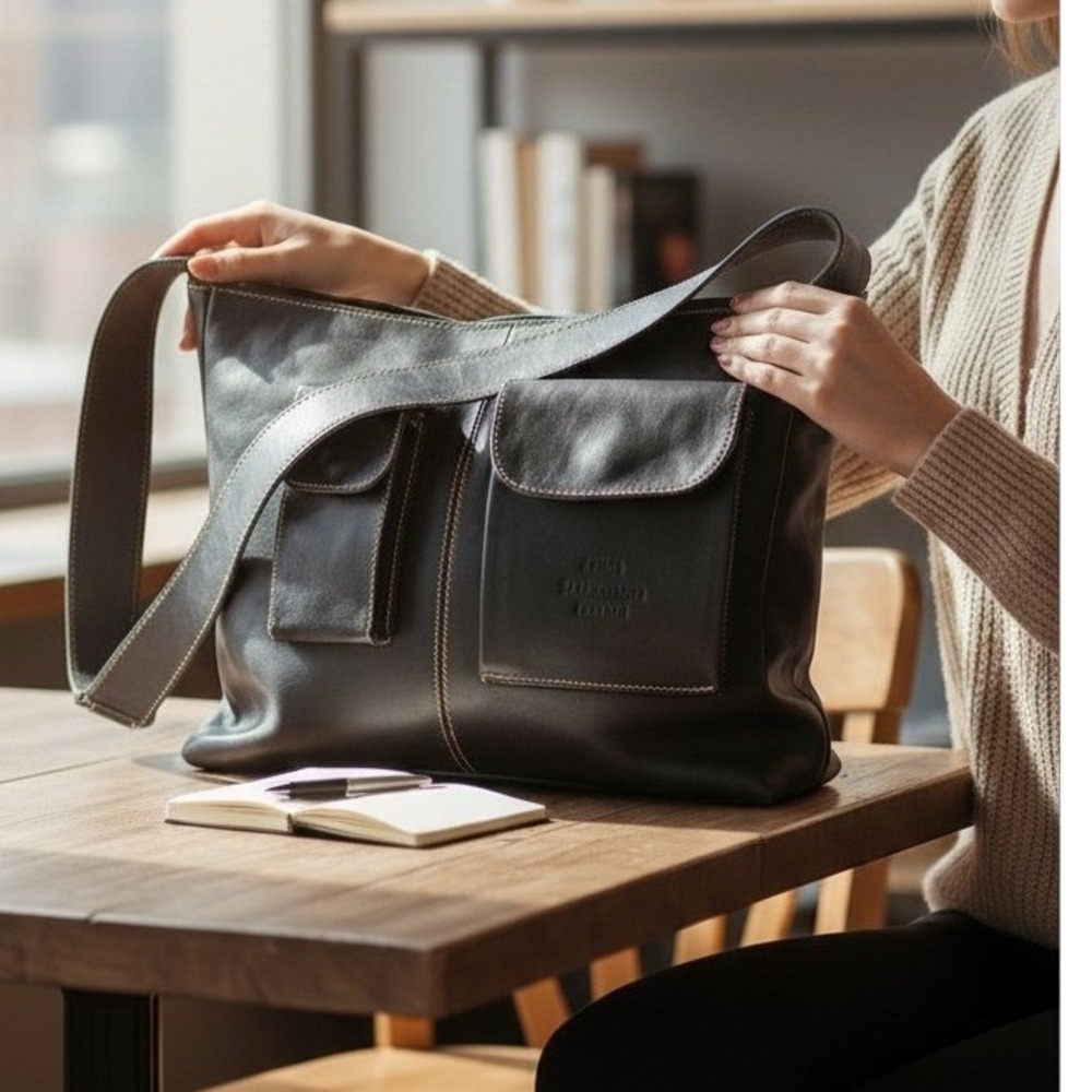 Vintage Black Leather Shoulder Bag Messenger Purse Minimalist Utility Pocket Bag